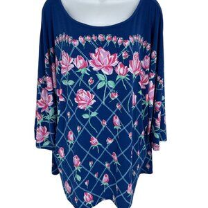 Bob Mackie Wearable Art Rose Trellis Print 3/4 Sleeves Knit Top Size XL